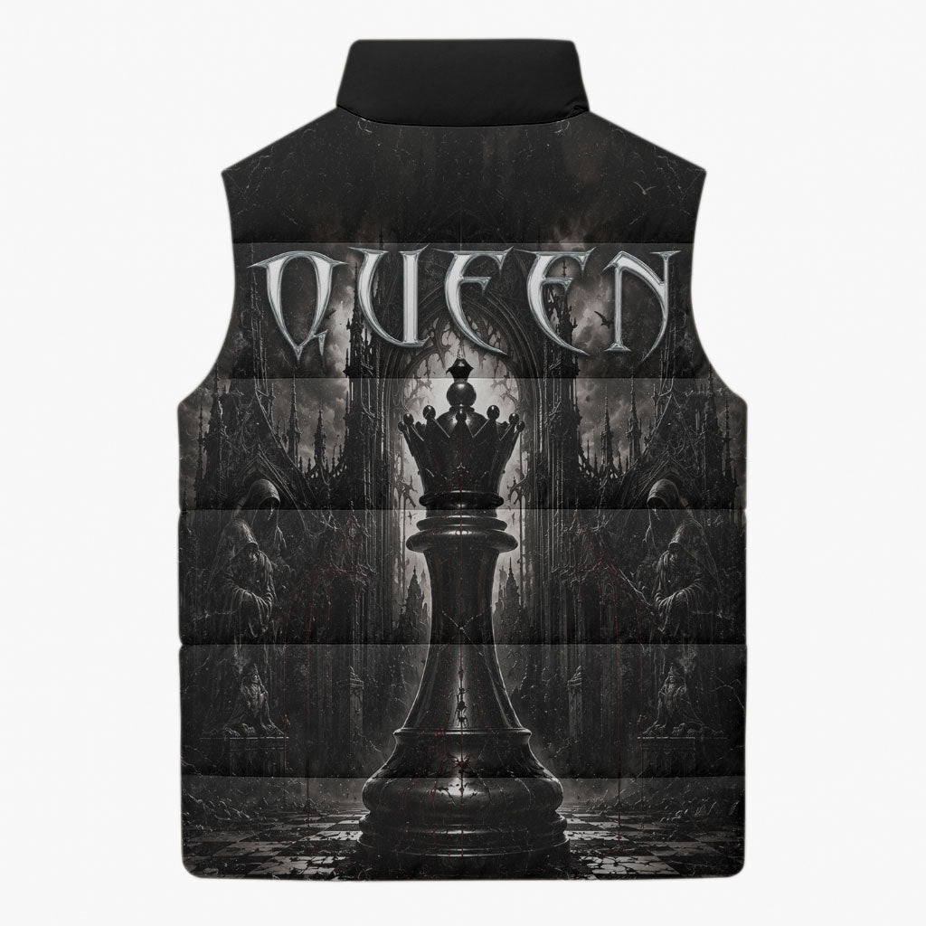 Chess Queen Sleeveless Puffer Jacket Strategic Board Game Gothic Dark Fantasy