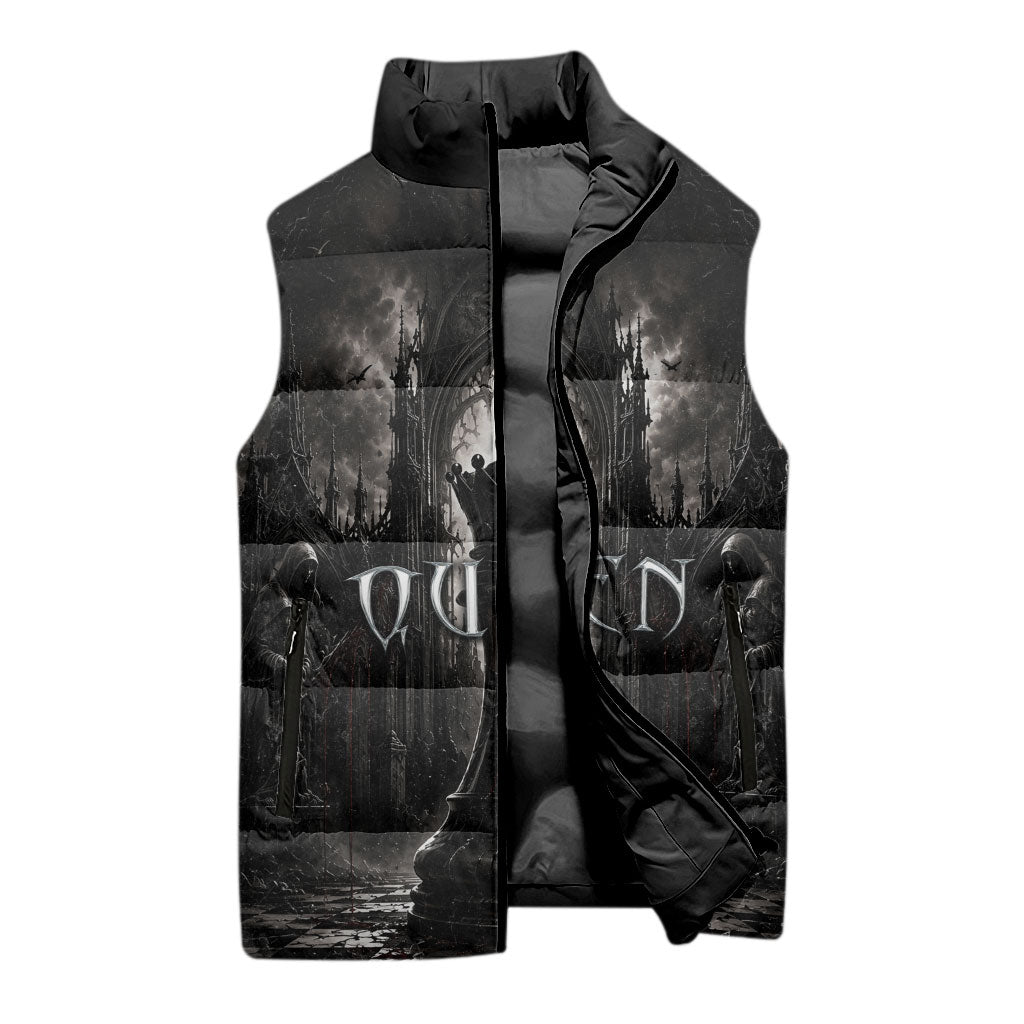 Chess Queen Sleeveless Puffer Jacket Strategic Board Game Gothic Dark Fantasy