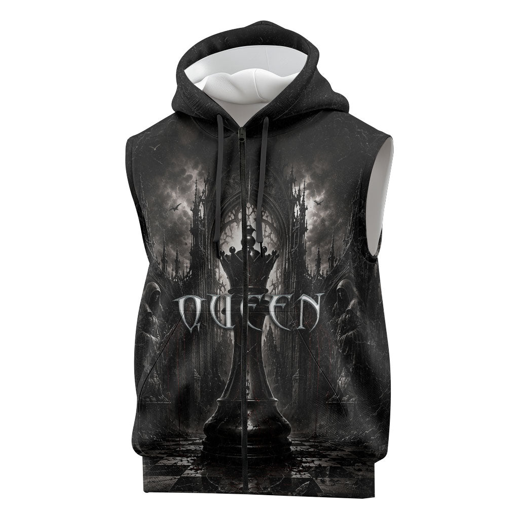 Chess Queen Sleeveless Zip Hoodie Strategic Board Game Gothic Dark Fantasy