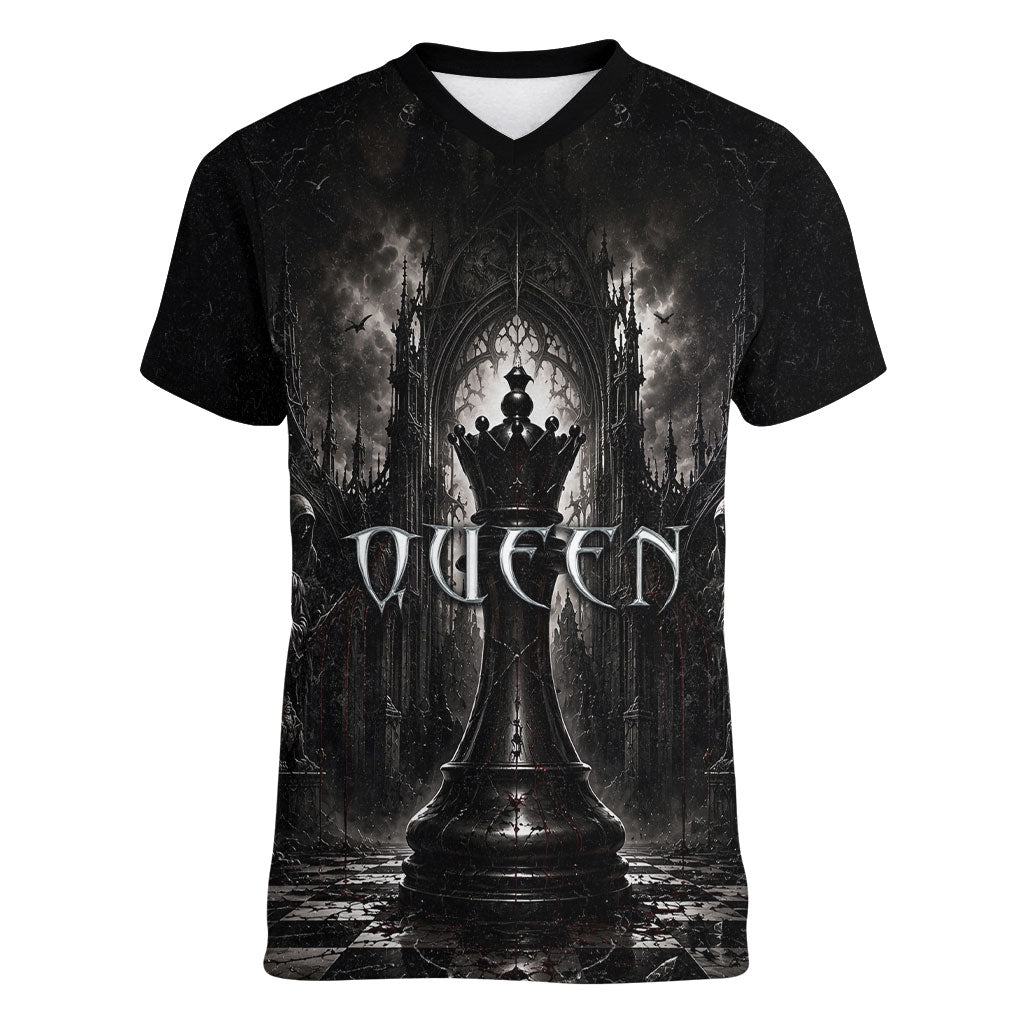 Chess Queen Women V-Neck T-Shirt Strategic Board Game Gothic Dark Fantasy