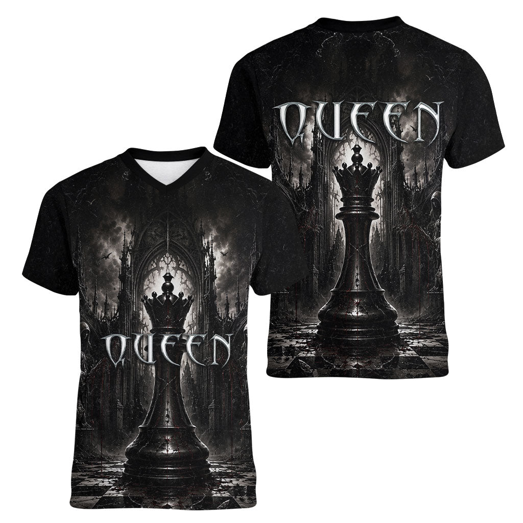 Chess Queen Women V-Neck T-Shirt Strategic Board Game Gothic Dark Fantasy