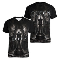 Chess Queen Women V-Neck T-Shirt Strategic Board Game Gothic Dark Fantasy