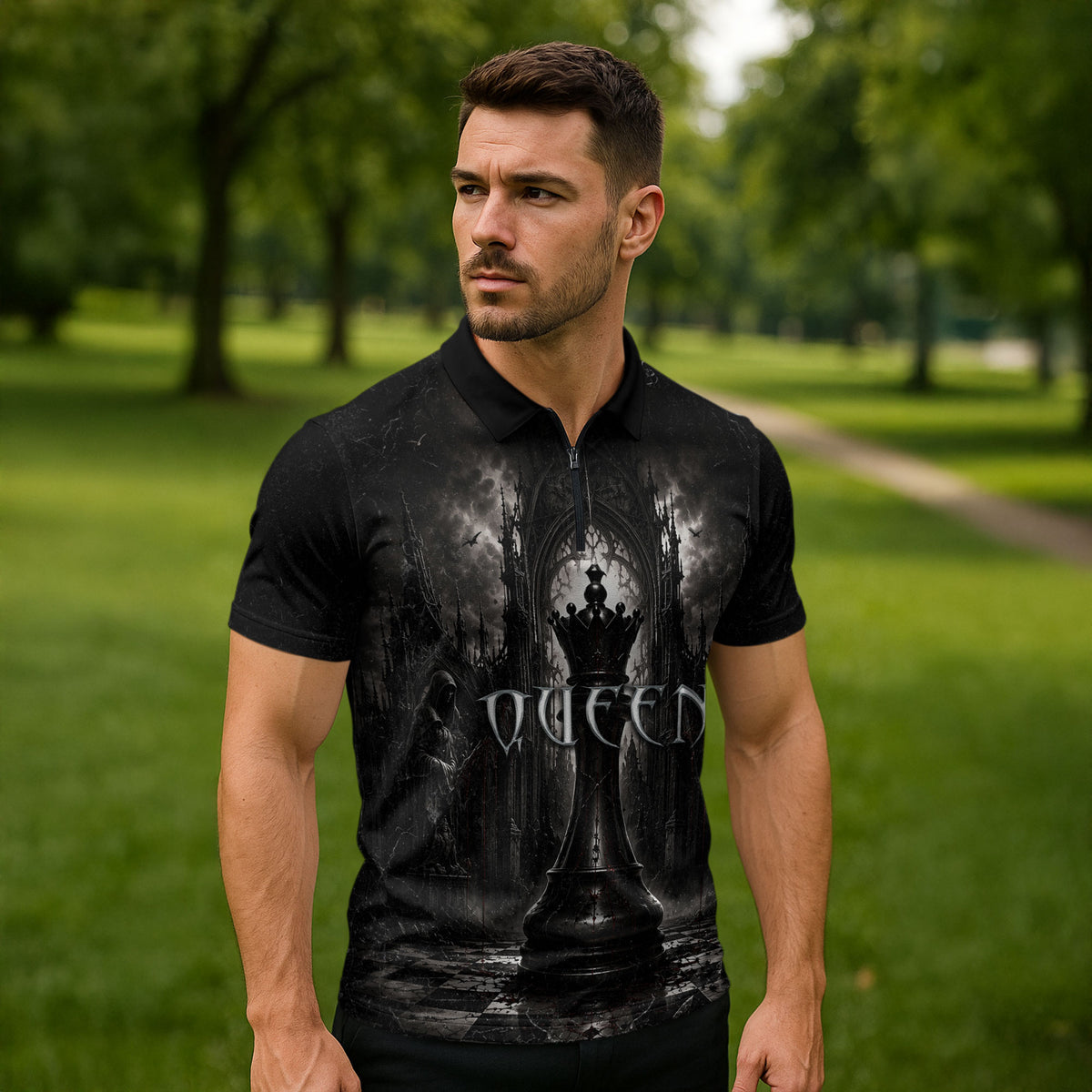 Chess Queen Zipper Polo Shirt Strategic Board Game Gothic Dark Fantasy