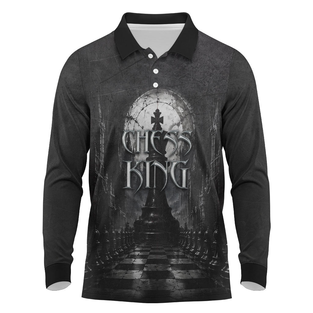Chess King Long Sleeve Polo Shirt Strategic Board Game Gothic Dark Fantasy