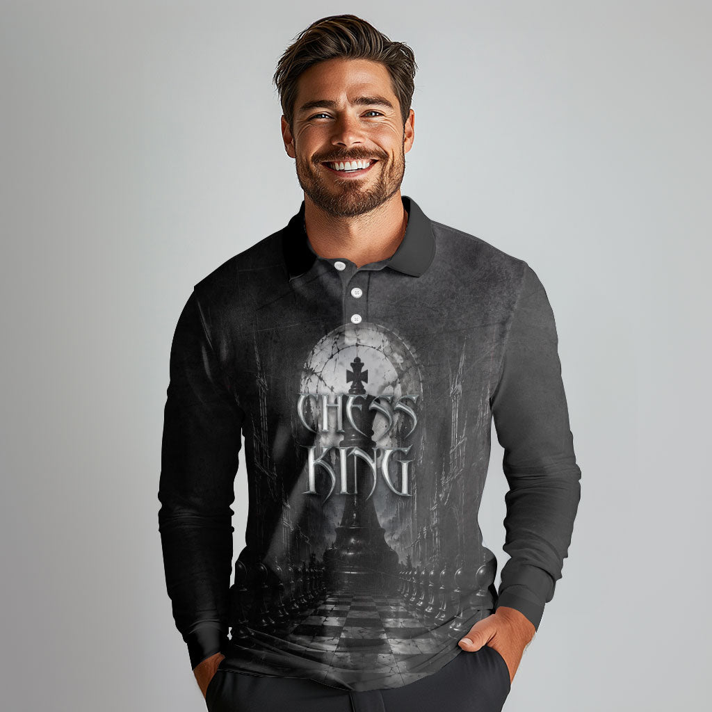 Chess King Long Sleeve Polo Shirt Strategic Board Game Gothic Dark Fantasy