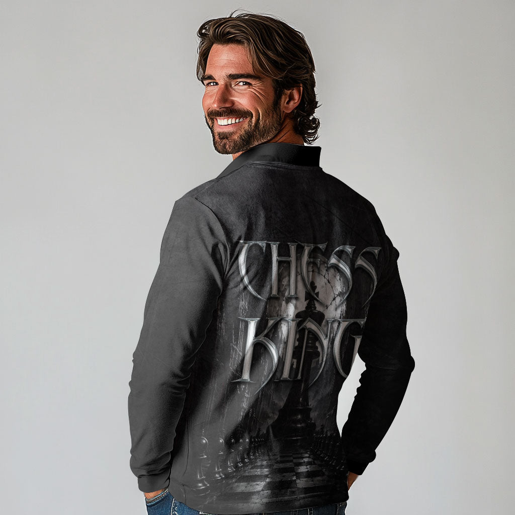 Chess King Long Sleeve Polo Shirt Strategic Board Game Gothic Dark Fantasy