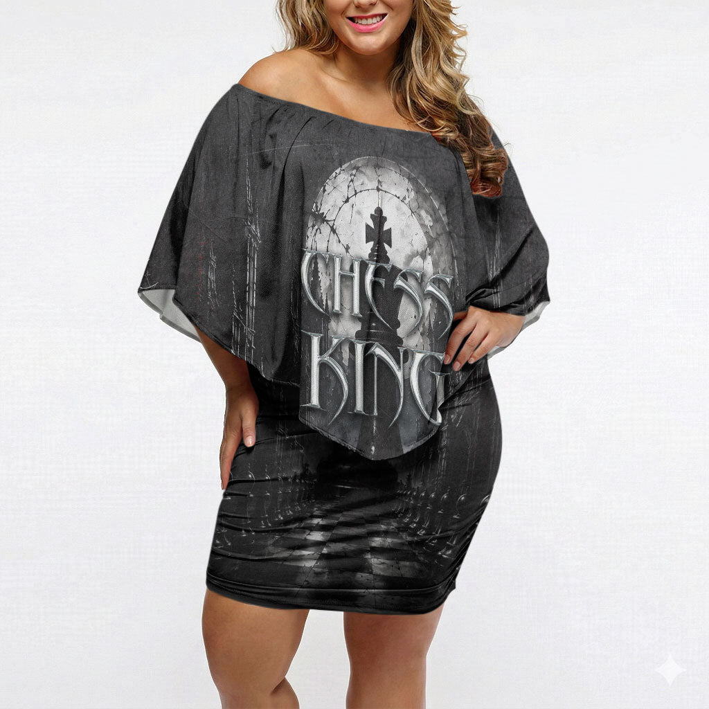 Chess King Off Shoulder Short Dress Strategic Board Game Gothic Dark Fantasy