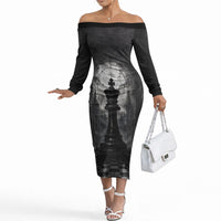 Chess King Off The Shoulder Long Sleeve Dress Strategic Board Game Gothic Dark Fantasy