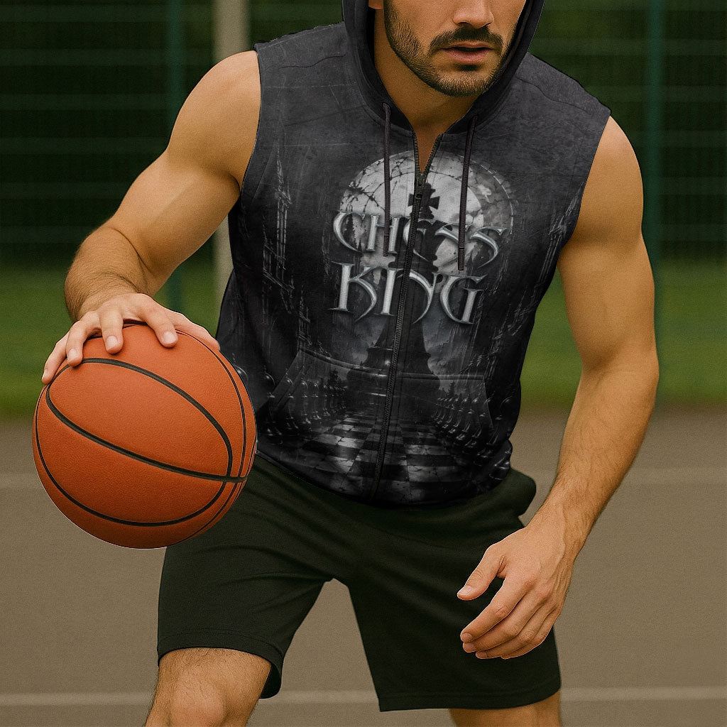 Chess King Sleeveless Zip Hoodie Strategic Board Game Gothic Dark Fantasy