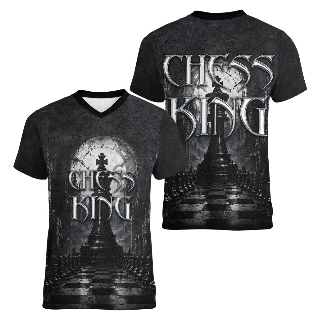 Chess King Women V-Neck T-Shirt Strategic Board Game Gothic Dark Fantasy