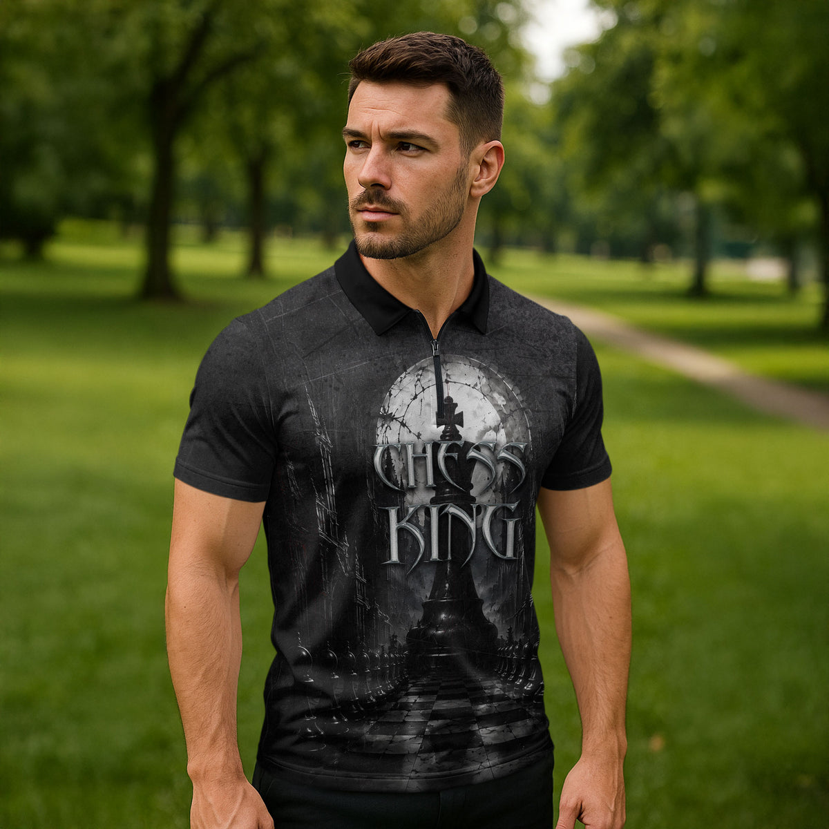Chess King Zipper Polo Shirt Strategic Board Game Gothic Dark Fantasy