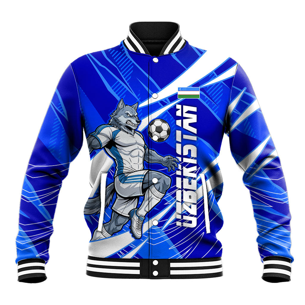 Personalized Uzbekistan Soccer Wolf Mascot Baseball Jacket Uzbekistan Football Dynamic Cartoon Geometric