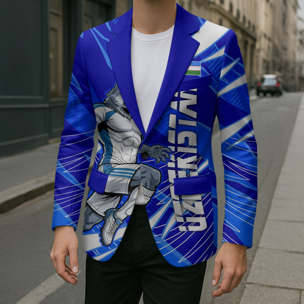 Personalized Uzbekistan Soccer Wolf Mascot Blazer Uzbekistan Football Dynamic Cartoon Geometric