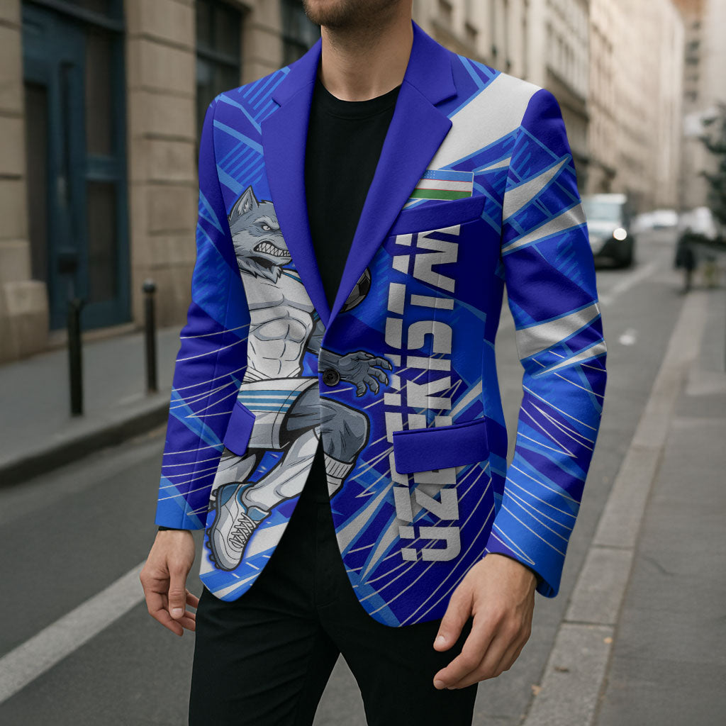 Personalized Uzbekistan Soccer Wolf Mascot Blazer Uzbekistan Football Dynamic Cartoon Geometric