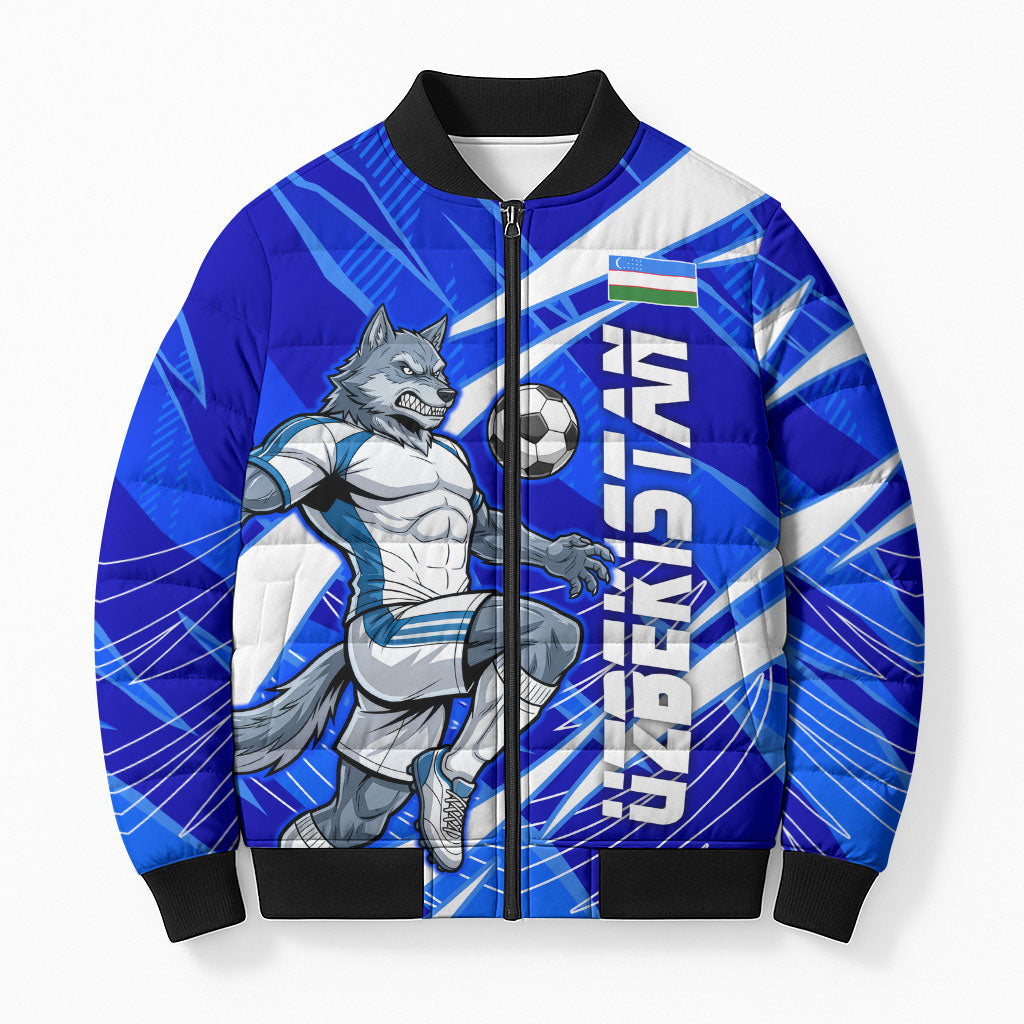 Personalized Uzbekistan Soccer Wolf Mascot Bomber Puffer Jacket Uzbekistan Football Dynamic Cartoon Geometric