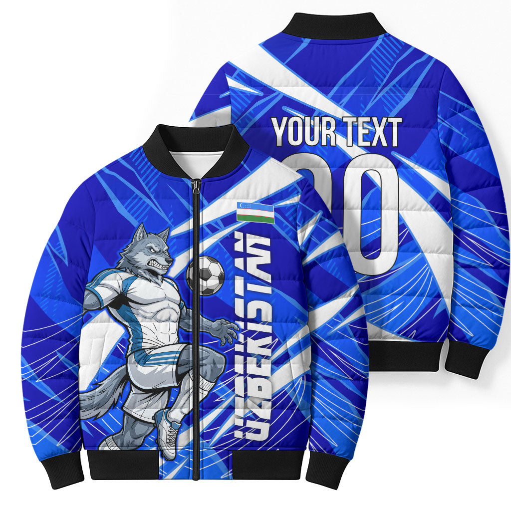 Personalized Uzbekistan Soccer Wolf Mascot Bomber Puffer Jacket Uzbekistan Football Dynamic Cartoon Geometric