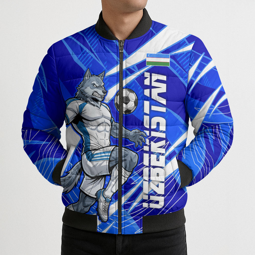 Personalized Uzbekistan Soccer Wolf Mascot Bomber Puffer Jacket Uzbekistan Football Dynamic Cartoon Geometric