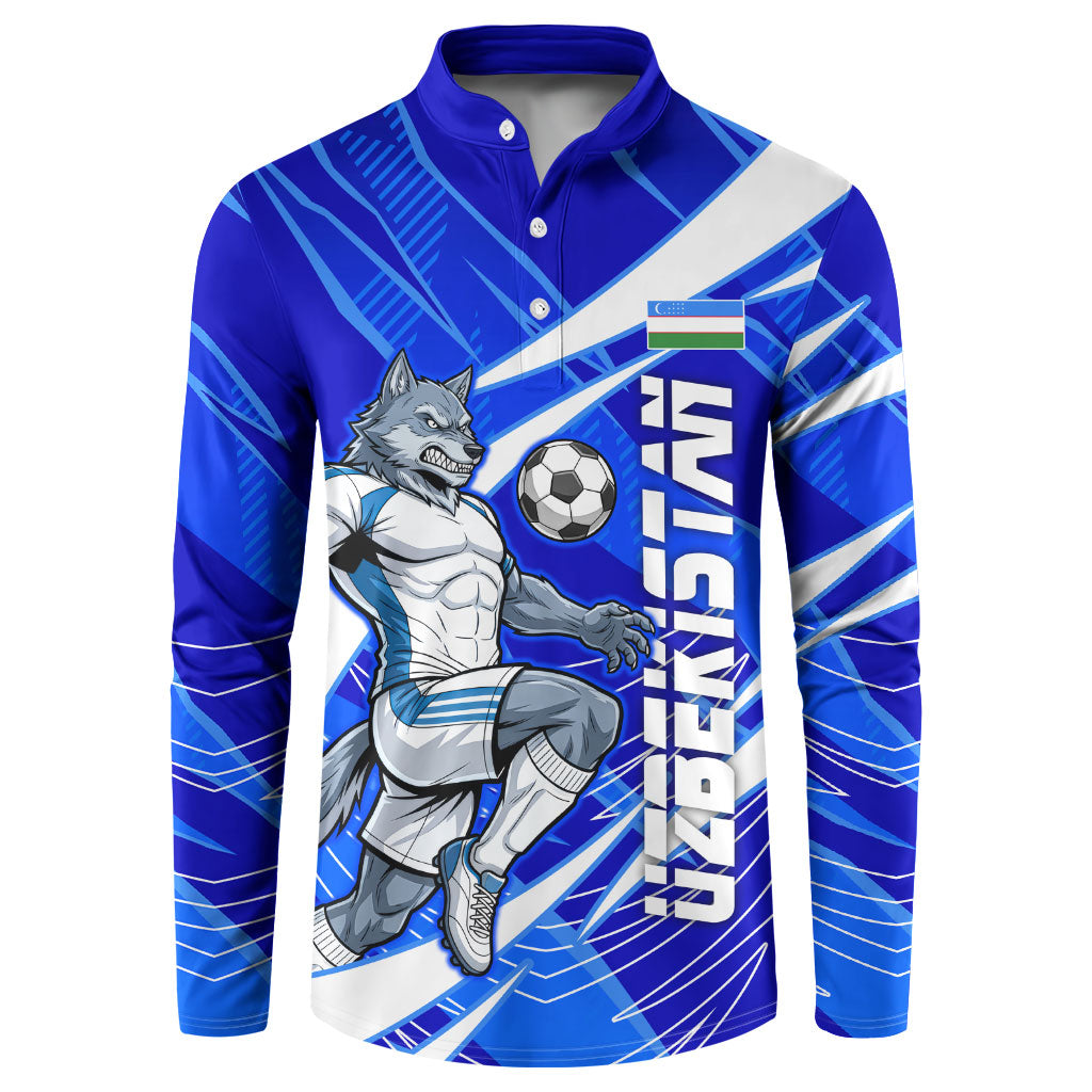 Personalized Uzbekistan Soccer Wolf Mascot Button Sweatshirt Uzbekistan Football Dynamic Cartoon Geometric