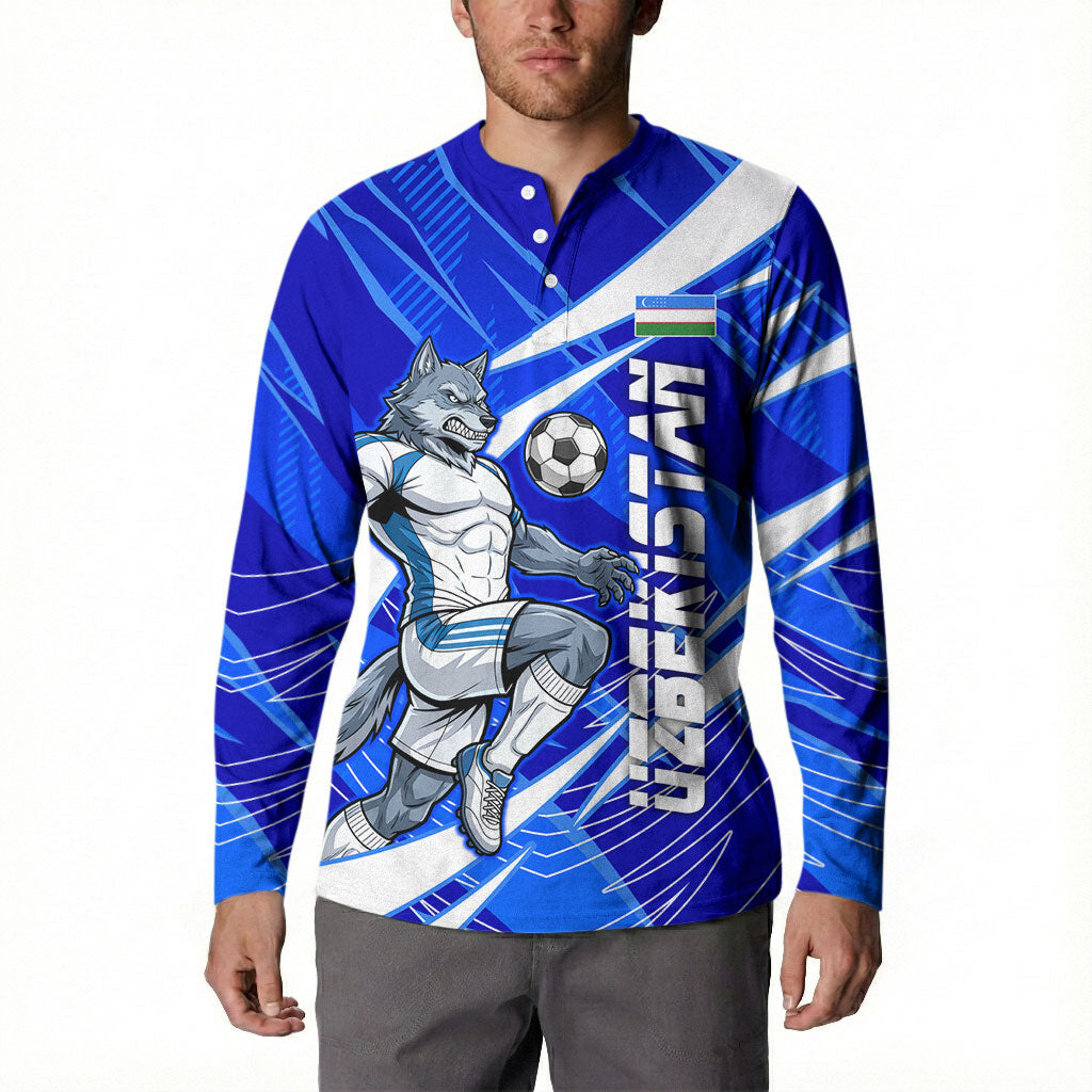 Personalized Uzbekistan Soccer Wolf Mascot Button Sweatshirt Uzbekistan Football Dynamic Cartoon Geometric