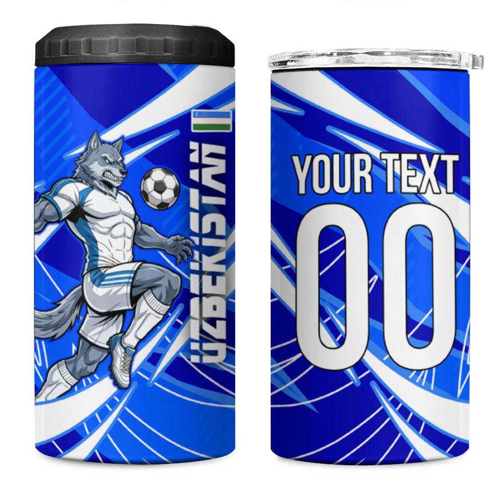 Personalized Uzbekistan Soccer Wolf Mascot 4 in 1 Can Cooler Tumbler Uzbekistan Football Dynamic Cartoon Geometric