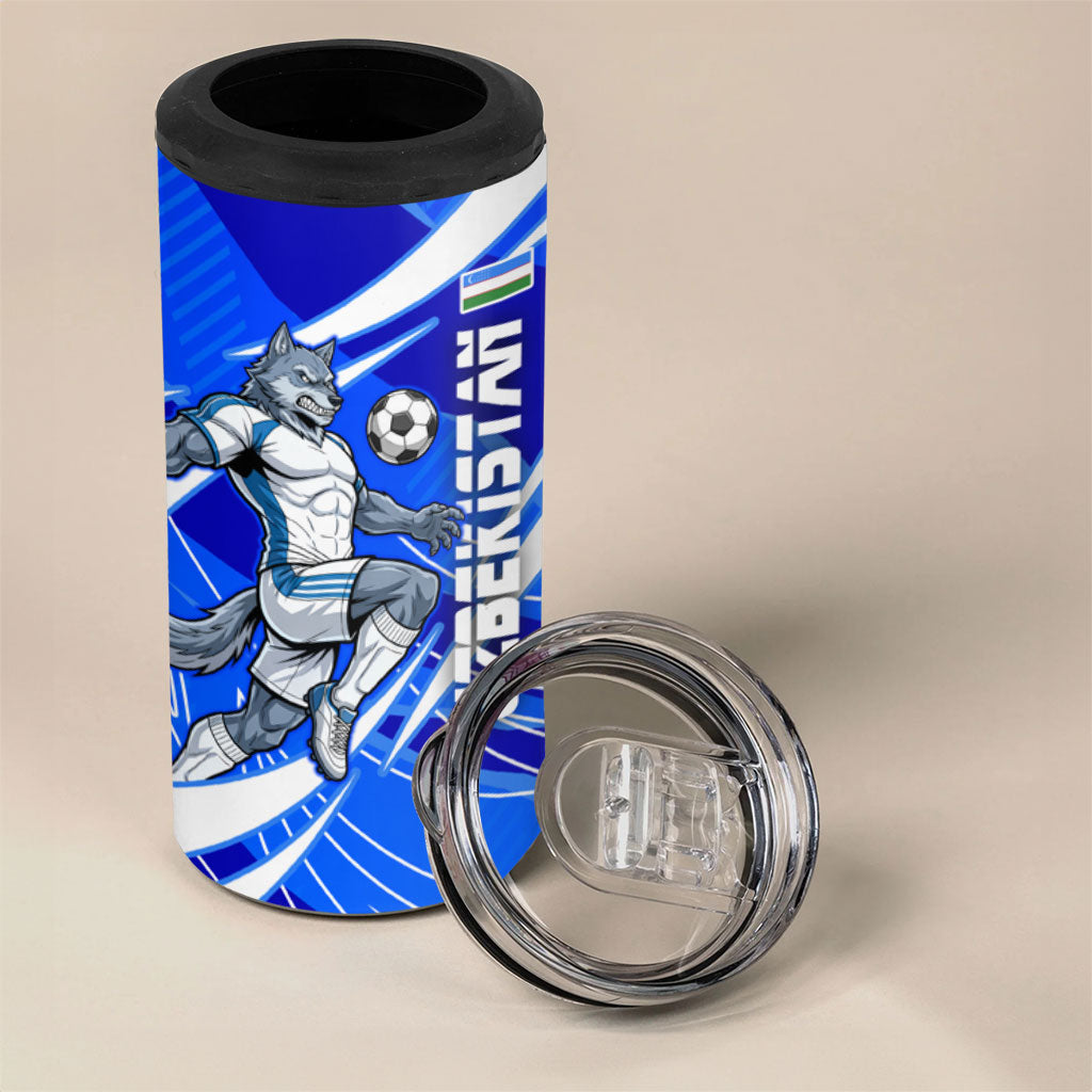 Personalized Uzbekistan Soccer Wolf Mascot 4 in 1 Can Cooler Tumbler Uzbekistan Football Dynamic Cartoon Geometric