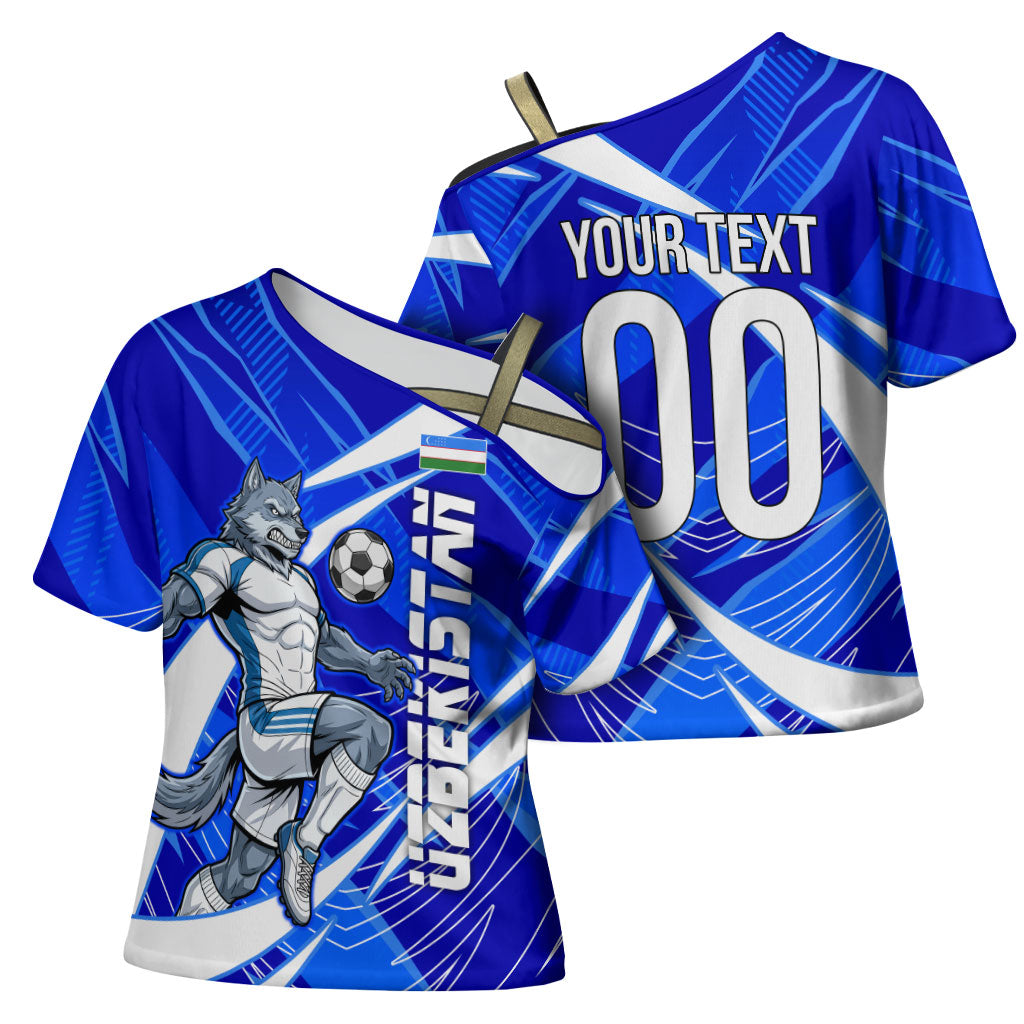 Personalized Uzbekistan Soccer Wolf Mascot Cross Shoulder Shirt Uzbekistan Football Dynamic Cartoon Geometric