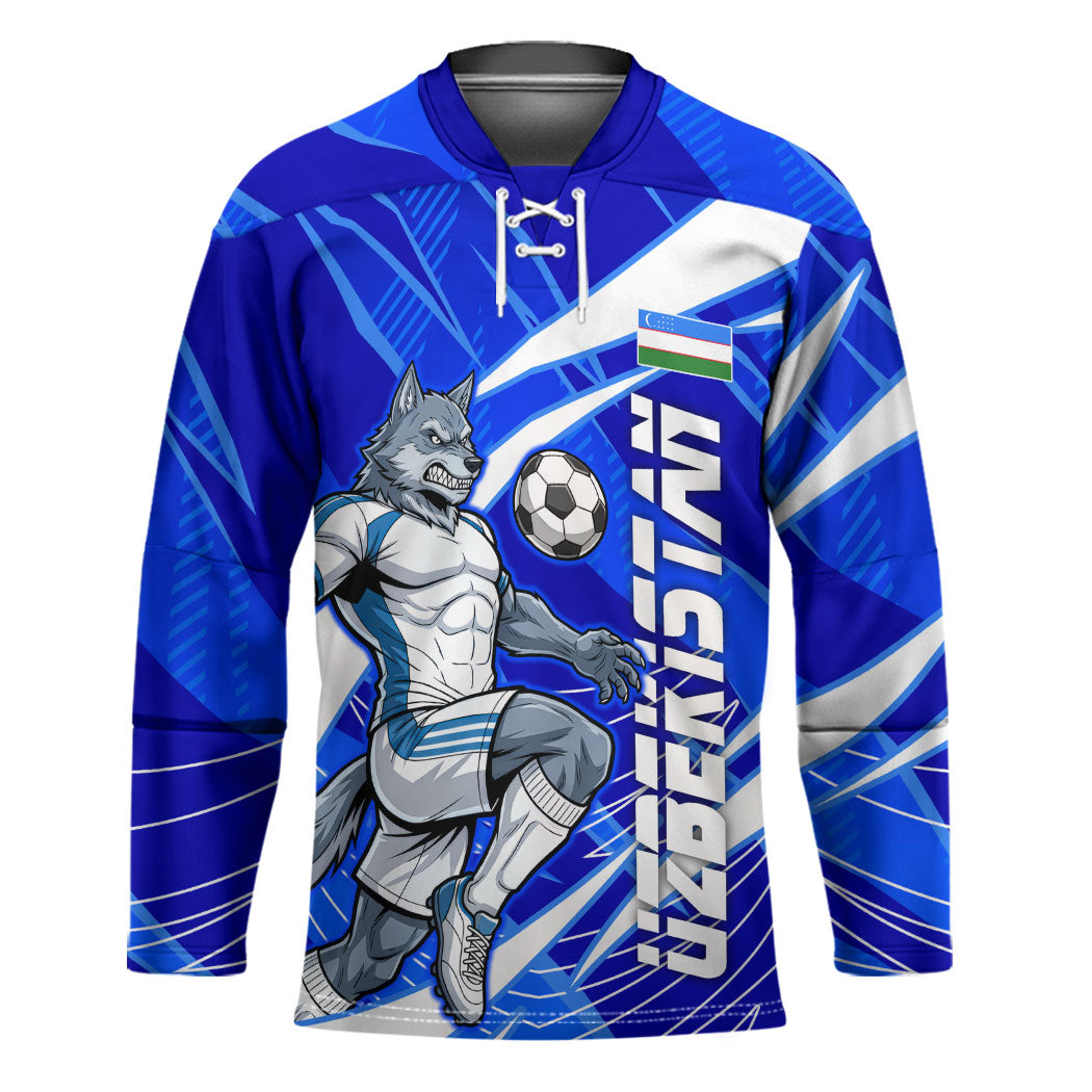 Personalized Uzbekistan Soccer Wolf Mascot Hockey Jersey Uzbekistan Football Dynamic Cartoon Geometric