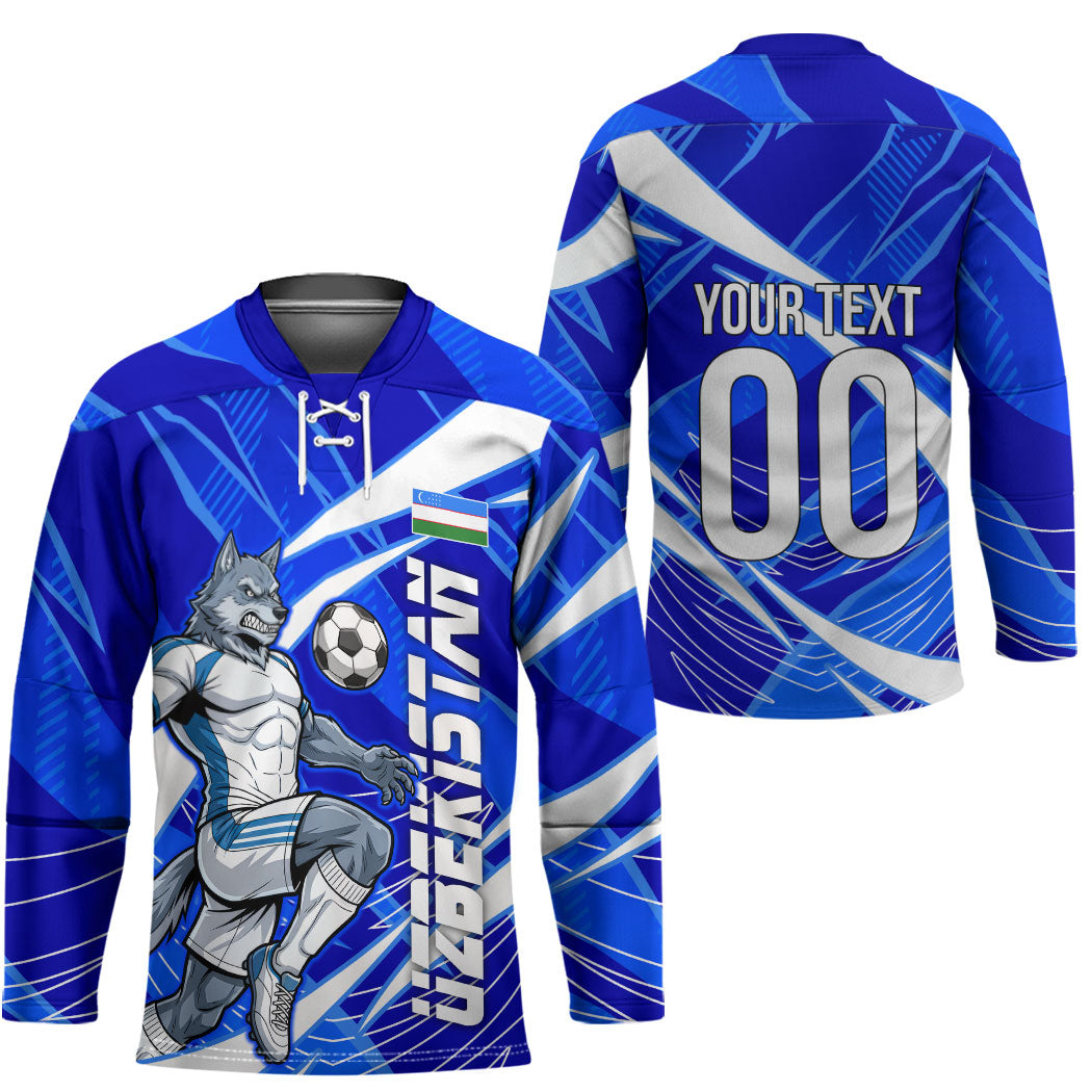 Personalized Uzbekistan Soccer Wolf Mascot Hockey Jersey Uzbekistan Football Dynamic Cartoon Geometric