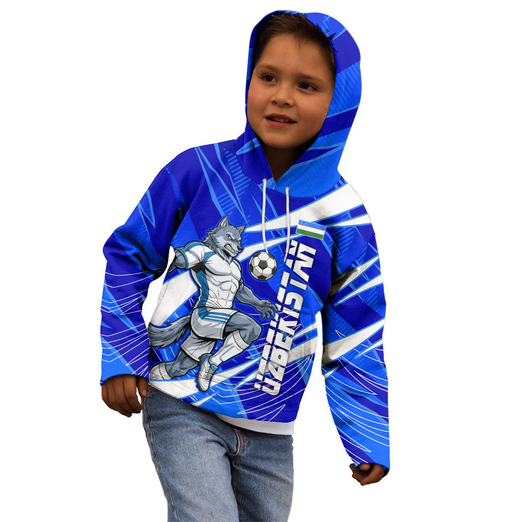 Personalized Uzbekistan Soccer Wolf Mascot Kid Hoodie Uzbekistan Football Dynamic Cartoon Geometric
