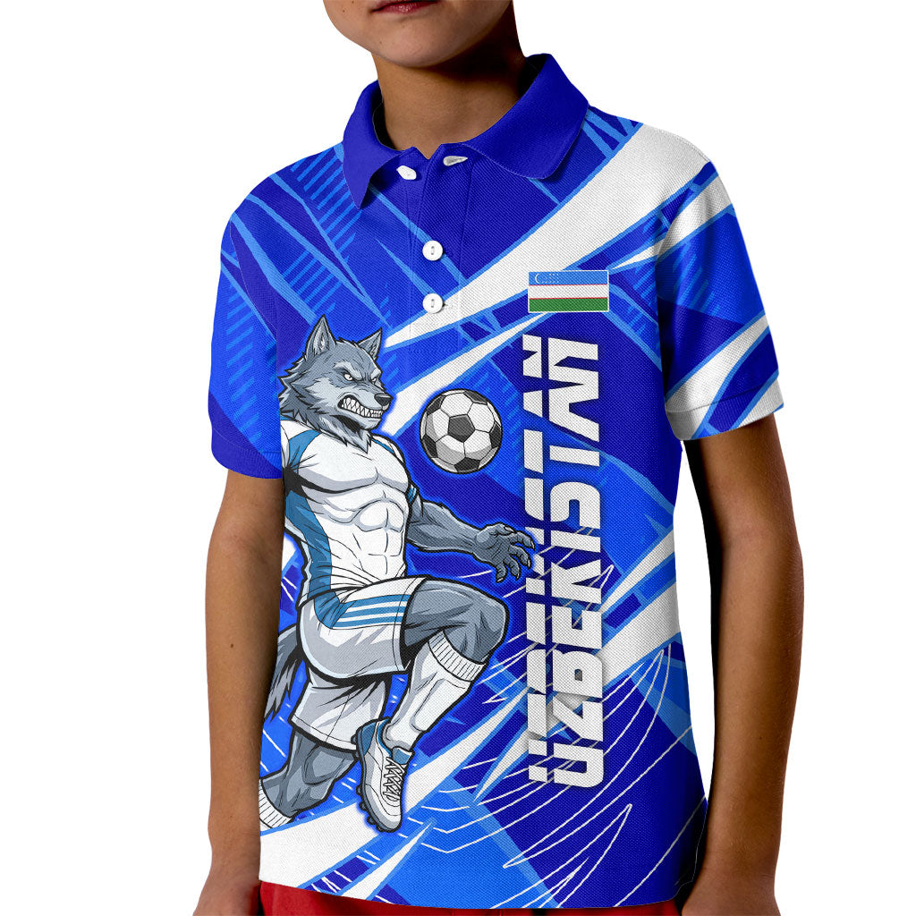 Personalized Uzbekistan Soccer Wolf Mascot Kid Polo Shirt Uzbekistan Football Dynamic Cartoon Geometric