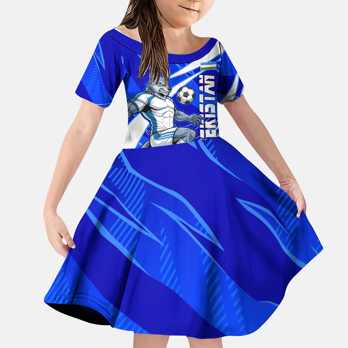 Personalized Uzbekistan Soccer Wolf Mascot Kid Short Sleeve Dress Uzbekistan Football Dynamic Cartoon Geometric