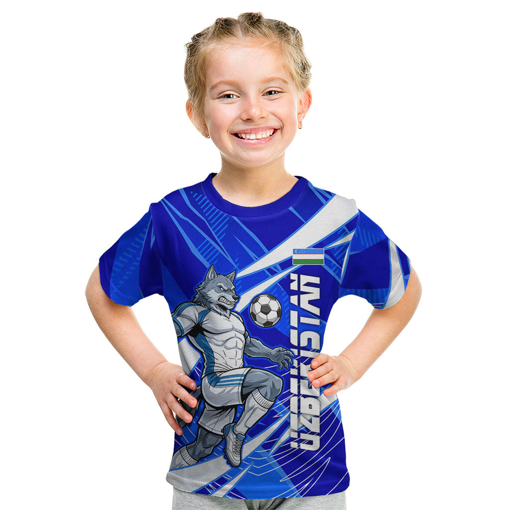 Personalized Uzbekistan Soccer Wolf Mascot Kid T Shirt Uzbekistan Football Dynamic Cartoon Geometric