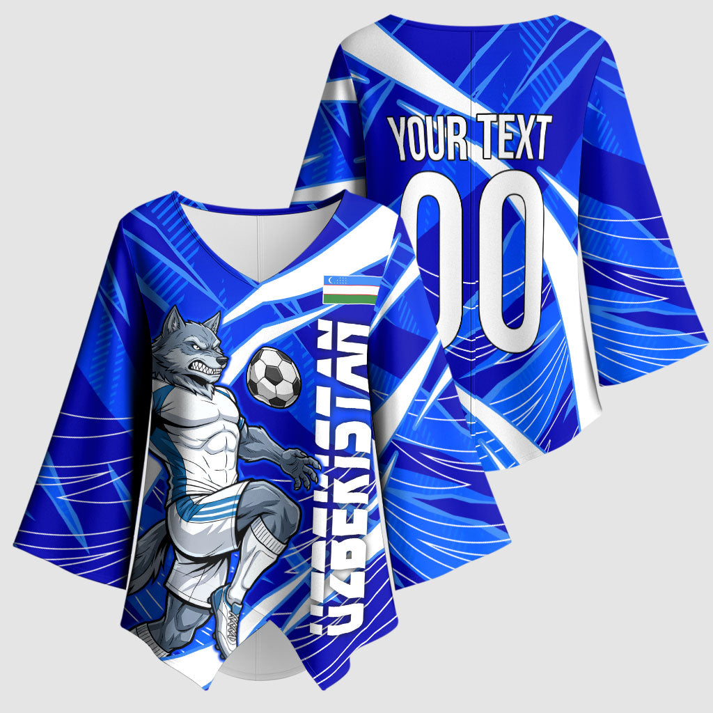Personalized Uzbekistan Soccer Wolf Mascot Kimono Sleeve Blouse Uzbekistan Football Dynamic Cartoon Geometric