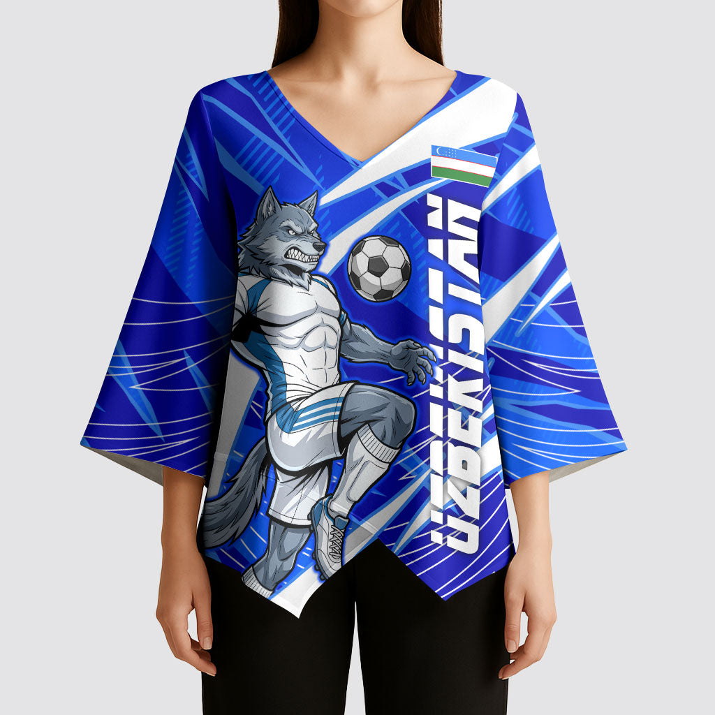 Personalized Uzbekistan Soccer Wolf Mascot Kimono Sleeve Blouse Uzbekistan Football Dynamic Cartoon Geometric