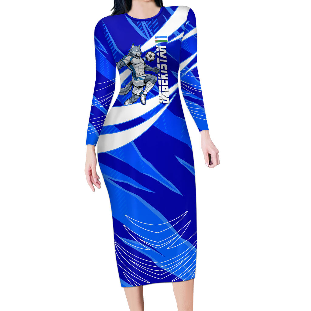 Personalized Uzbekistan Soccer Wolf Mascot Long Sleeve Bodycon Dress Uzbekistan Football Dynamic Cartoon Geometric