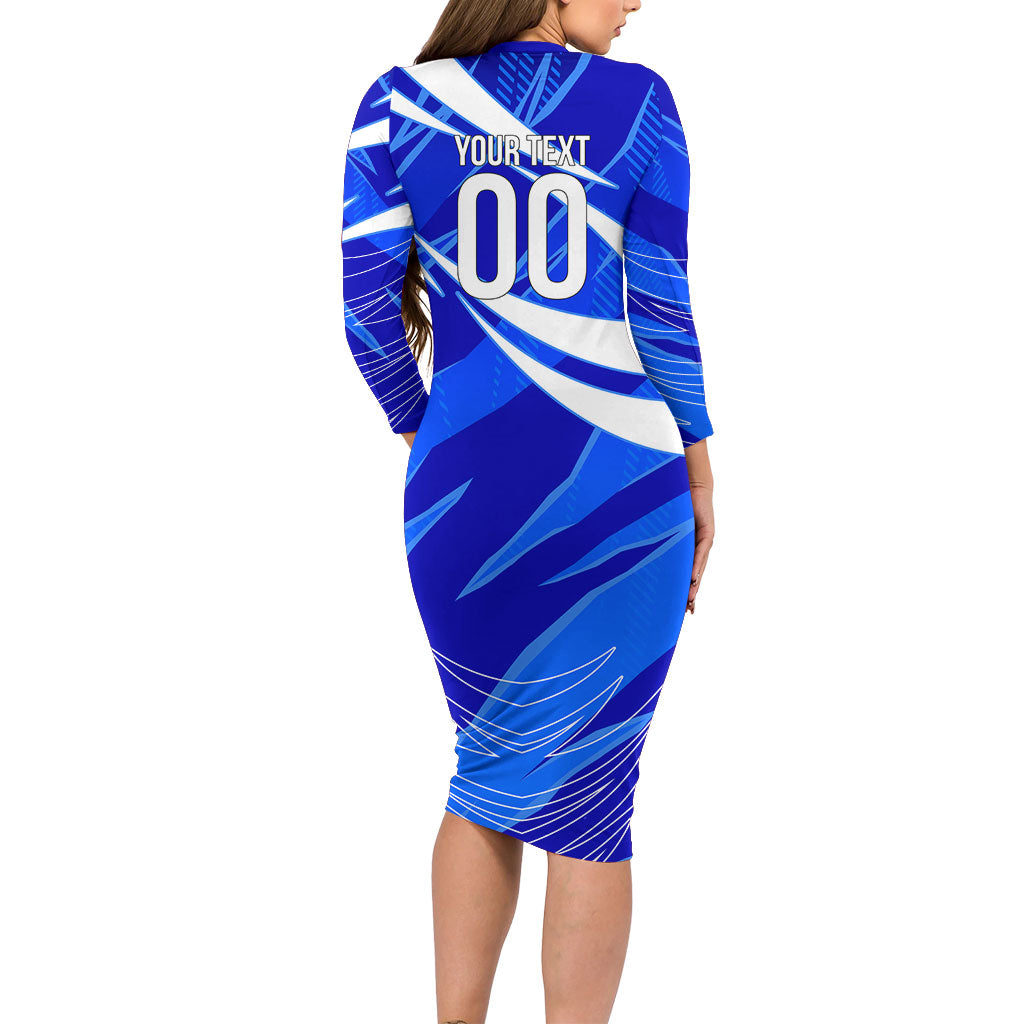 Personalized Uzbekistan Soccer Wolf Mascot Long Sleeve Bodycon Dress Uzbekistan Football Dynamic Cartoon Geometric
