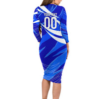 Personalized Uzbekistan Soccer Wolf Mascot Long Sleeve Bodycon Dress Uzbekistan Football Dynamic Cartoon Geometric