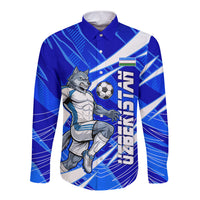 Personalized Uzbekistan Soccer Wolf Mascot Long Sleeve Button Shirt Uzbekistan Football Dynamic Cartoon Geometric
