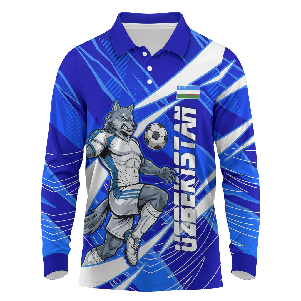 Personalized Uzbekistan Soccer Wolf Mascot Long Sleeve Polo Shirt Uzbekistan Football Dynamic Cartoon Geometric