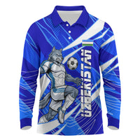 Personalized Uzbekistan Soccer Wolf Mascot Long Sleeve Polo Shirt Uzbekistan Football Dynamic Cartoon Geometric