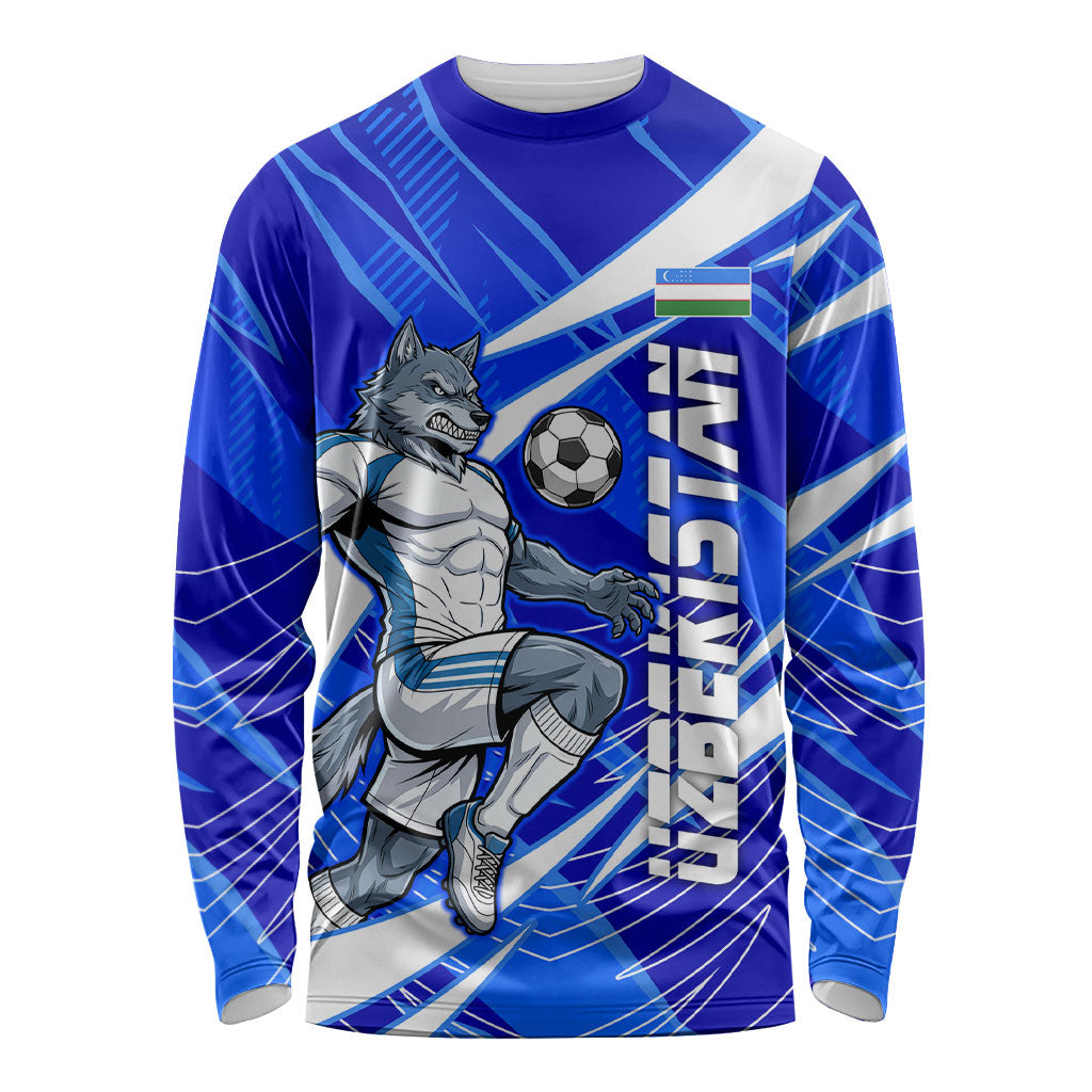 Personalized Uzbekistan Soccer Wolf Mascot Long Sleeve Shirt Uzbekistan Football Dynamic Cartoon Geometric