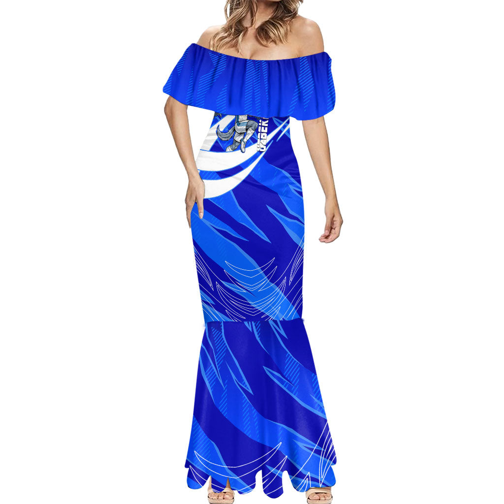 Personalized Uzbekistan Soccer Wolf Mascot Mermaid Dress Uzbekistan Football Dynamic Cartoon Geometric