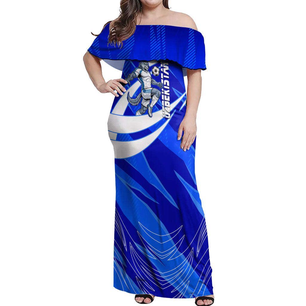 Personalized Uzbekistan Soccer Wolf Mascot Off Shoulder Maxi Dress Uzbekistan Football Dynamic Cartoon Geometric