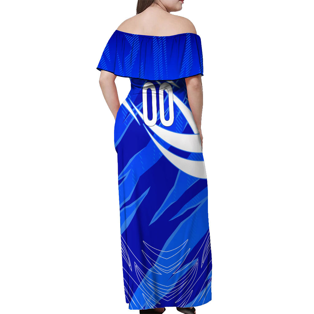 Personalized Uzbekistan Soccer Wolf Mascot Off Shoulder Maxi Dress Uzbekistan Football Dynamic Cartoon Geometric