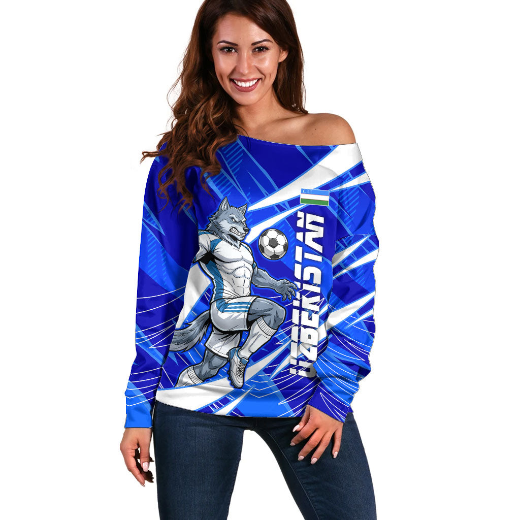 Personalized Uzbekistan Soccer Wolf Mascot Off Shoulder Sweater Uzbekistan Football Dynamic Cartoon Geometric