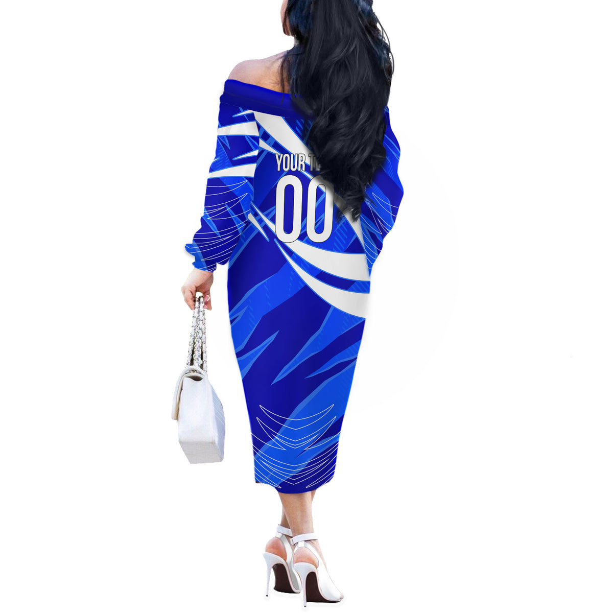 Personalized Uzbekistan Soccer Wolf Mascot Off The Shoulder Long Sleeve Dress Uzbekistan Football Dynamic Cartoon Geometric