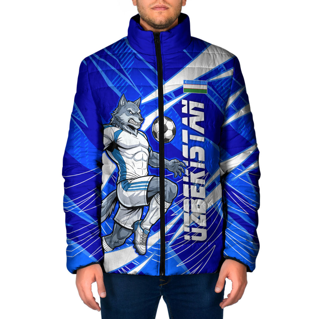 Personalized Uzbekistan Soccer Wolf Mascot Padded Jacket Uzbekistan Football Dynamic Cartoon Geometric