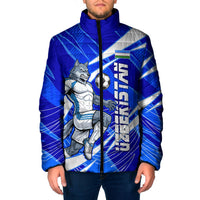 Personalized Uzbekistan Soccer Wolf Mascot Padded Jacket Uzbekistan Football Dynamic Cartoon Geometric
