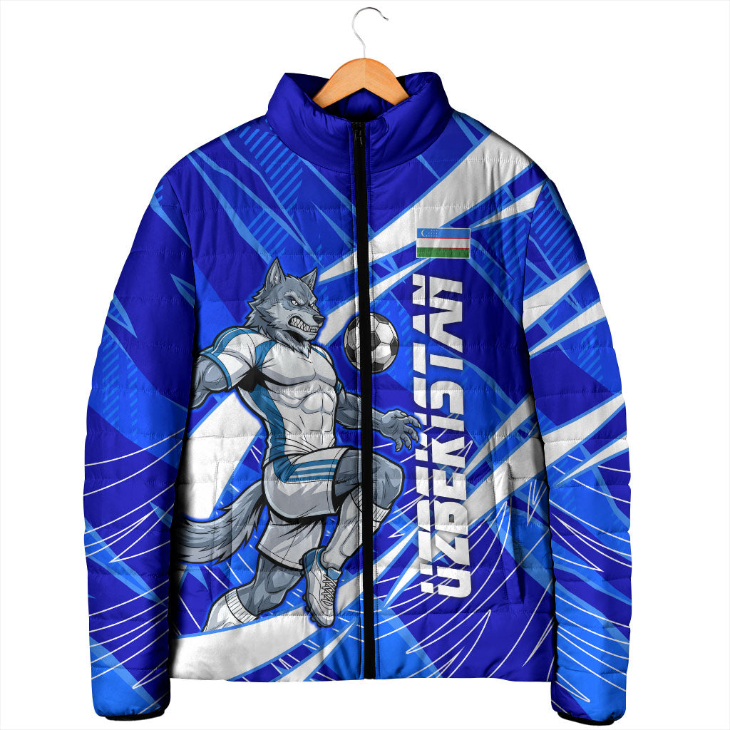 Personalized Uzbekistan Soccer Wolf Mascot Padded Jacket Uzbekistan Football Dynamic Cartoon Geometric