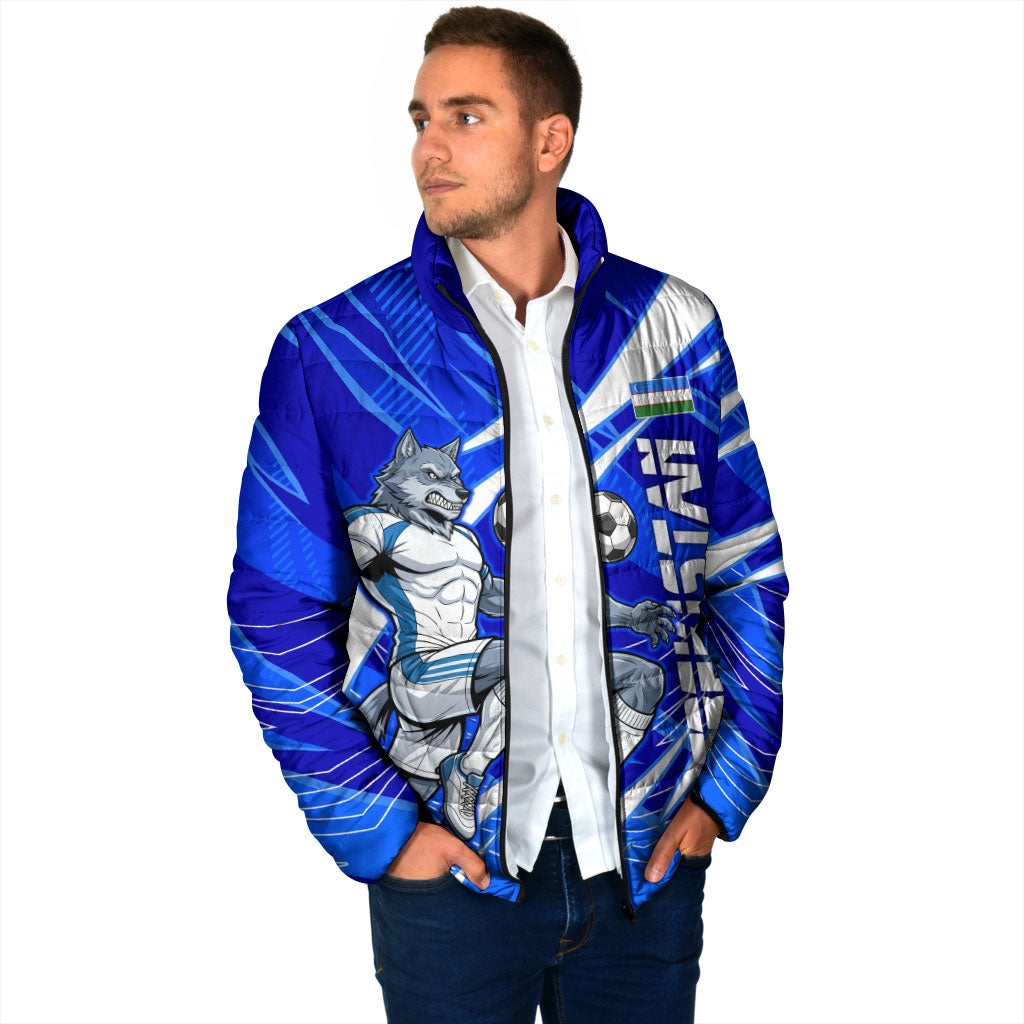 Personalized Uzbekistan Soccer Wolf Mascot Padded Jacket Uzbekistan Football Dynamic Cartoon Geometric